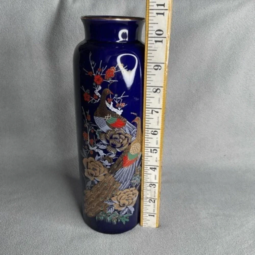 VTG Interpur Cobalt Blue Peacock Oriental Vase 22K Gold Trim Japan‎ 10.5